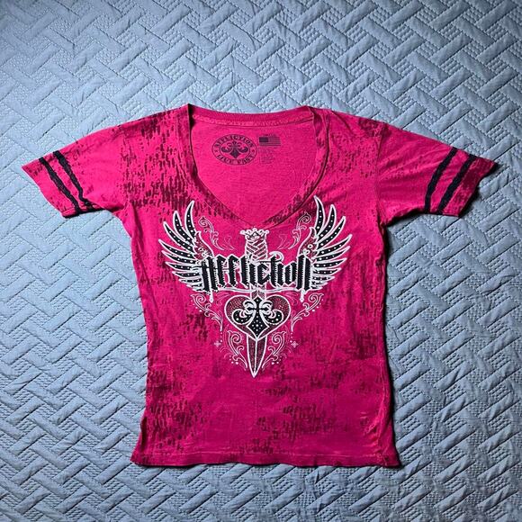 Affliction T-Shirt Y2K Small Crimson Embellish Rhinestone Wings Fleur de Lis Emo - Picture 1 of 9